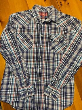 Cinch Men’s Navy, Light Blue & Red Plaid Snap-Front Shirt